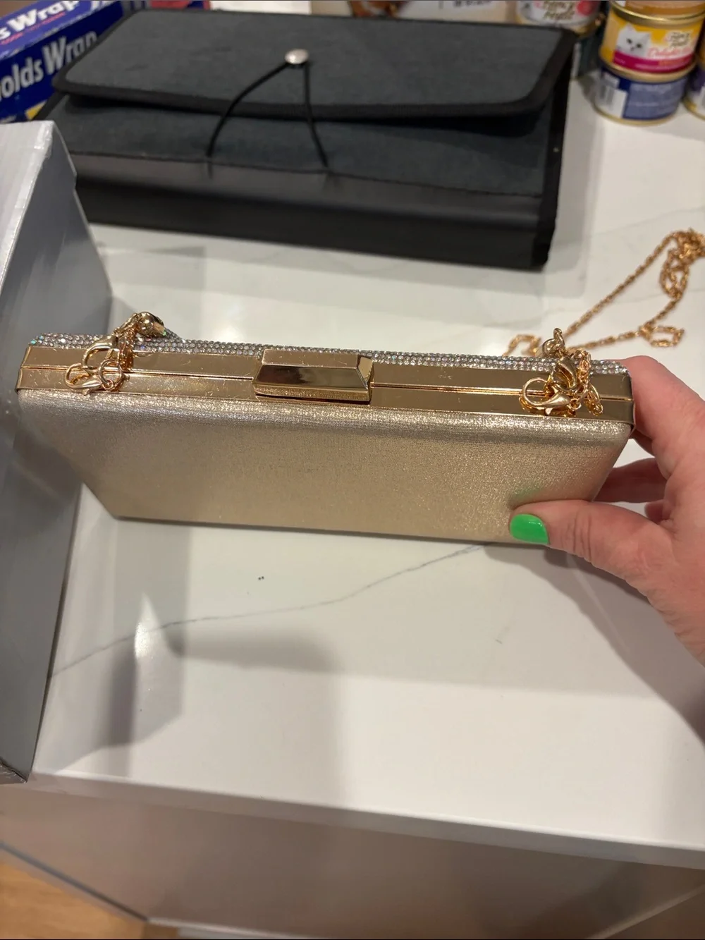 Crystal-Embellished Silver Evening Clutch with Gold Chain